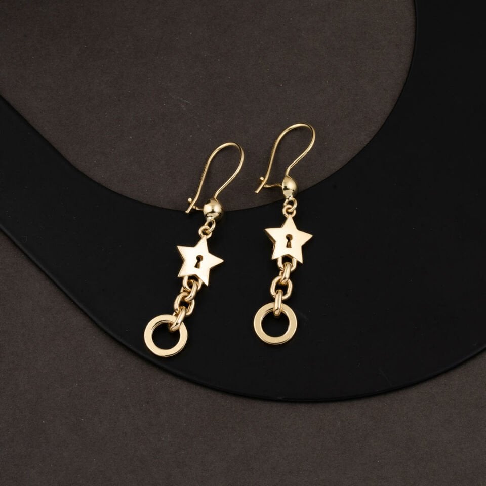 Yıldızlı Halkalı Sallantılı Küpe 14 Ayar