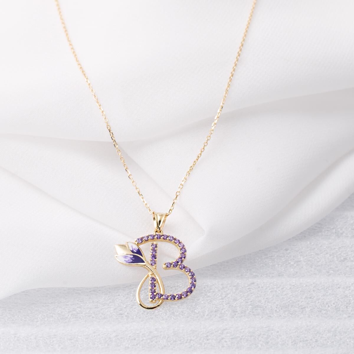 B Harfi 14 Ayar Mor Lale Altın Kolye