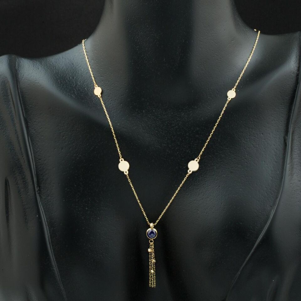 Toplu Lacivert Kapşon Taşlı Altın Kolye