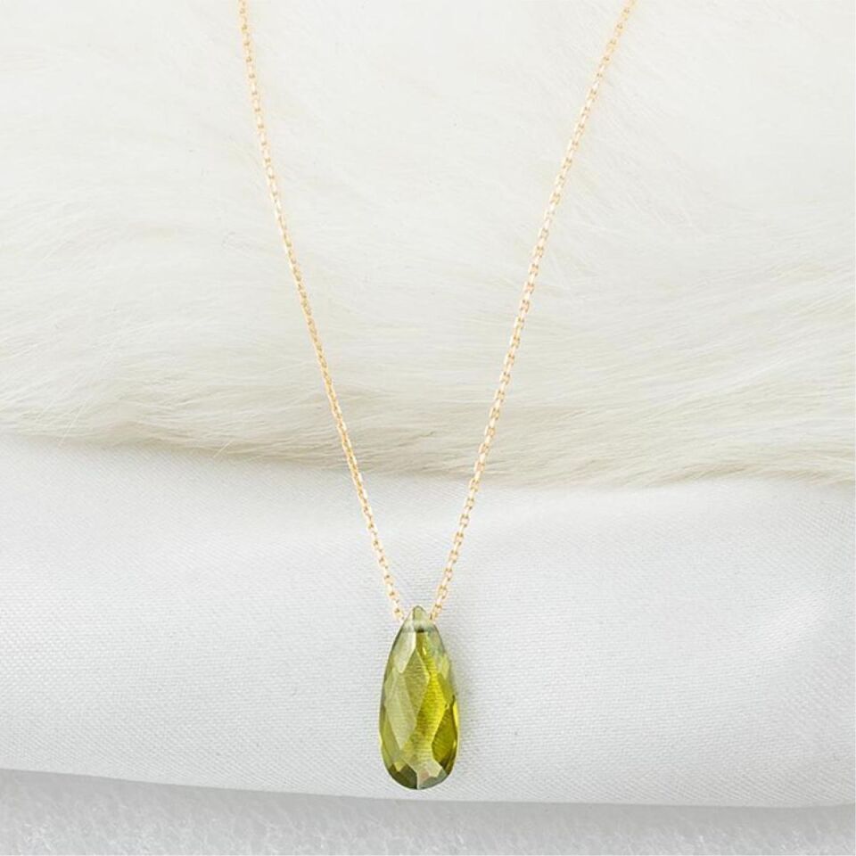 Yeşil Badem Taşlı 14 Ayar Altın  Kolye