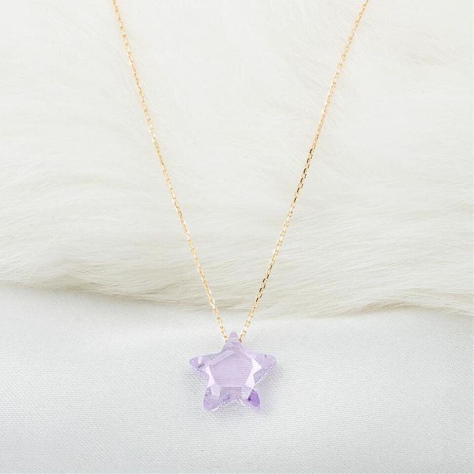 Lila Renkli Yıldız Taşlı 14 Ayar Altın Kolye