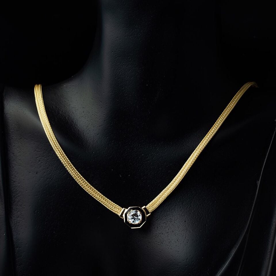 Örgü Zincir Tektaşlı Altın Takı Seti