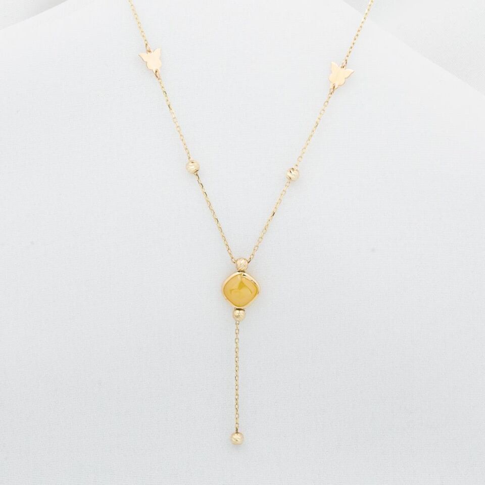 Kelebekli Sarı Kapşon Taşlı Altın Kolye