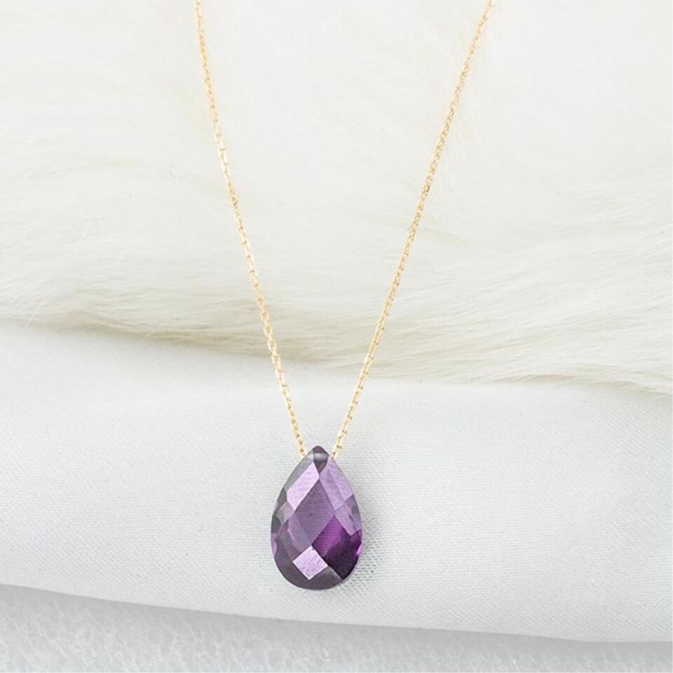 Ametist Renkli Taşlı 14 Ayar Altın  Kolye