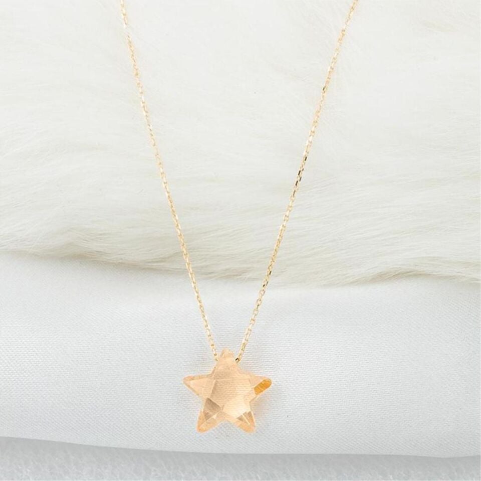 Kahve Yıldız Taşlı 14 Ayar Altın  Kolye