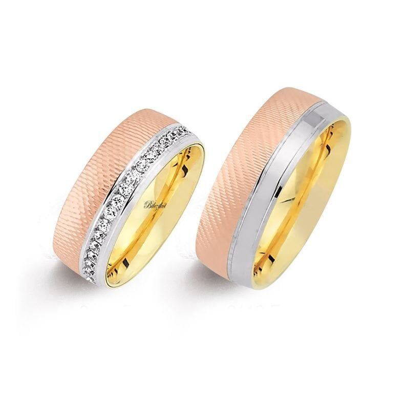 Taşlı Bombeli 14 Ayar Altın Alyans Takımı