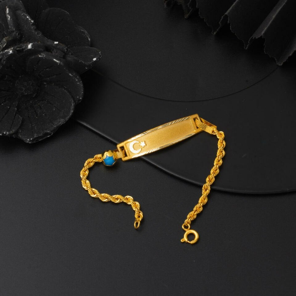 Ay-Yıldız Mavi Boncuklu Altın Çocuk Künyesi