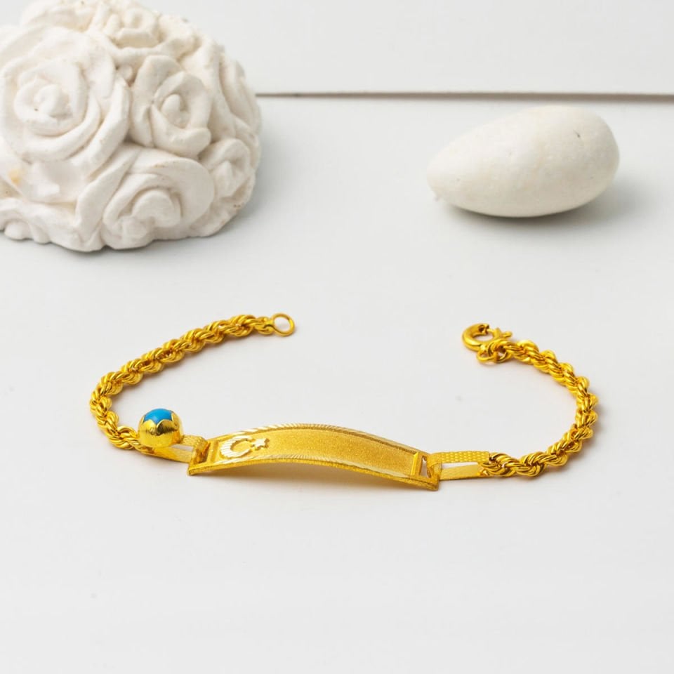 Ay-Yıldız Mavi Boncuklu Altın Çocuk Künyesi