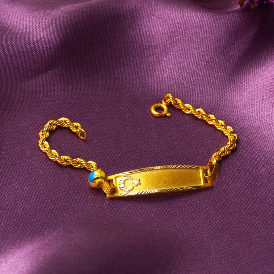 Ay-Yıldız Mavi Boncuklu Altın Çocuk Künyesi