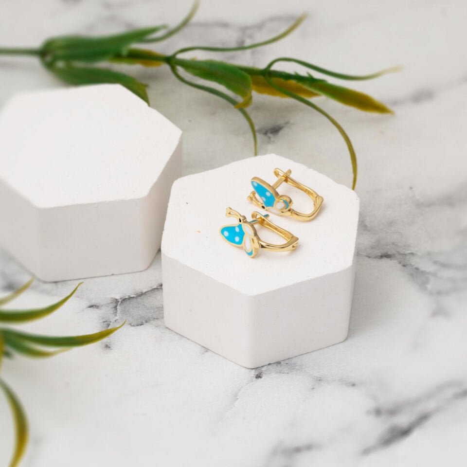 Mavi Kelebek 14 Ayar Altın Çocuk Küpesi