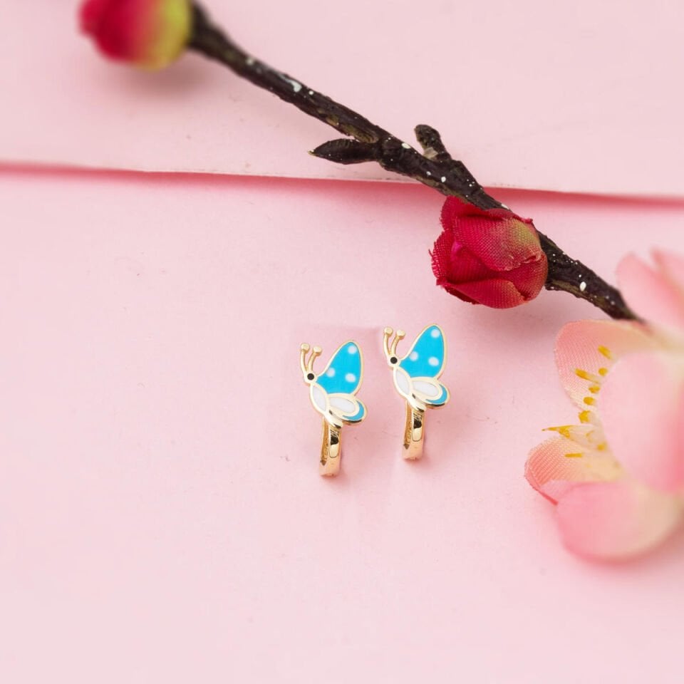 Mavi Kelebek 14 Ayar Altın Çocuk Küpesi