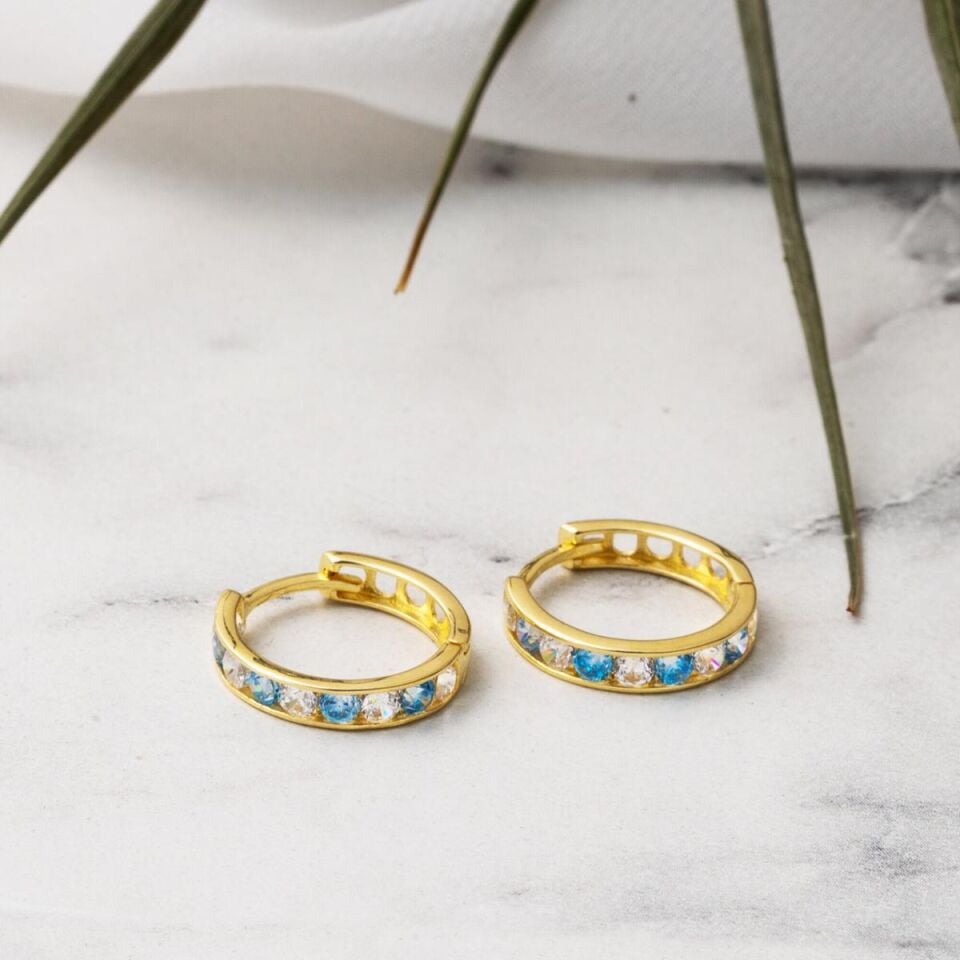 Mavi Taşlı 14 Ayar Altın Halka Küpe