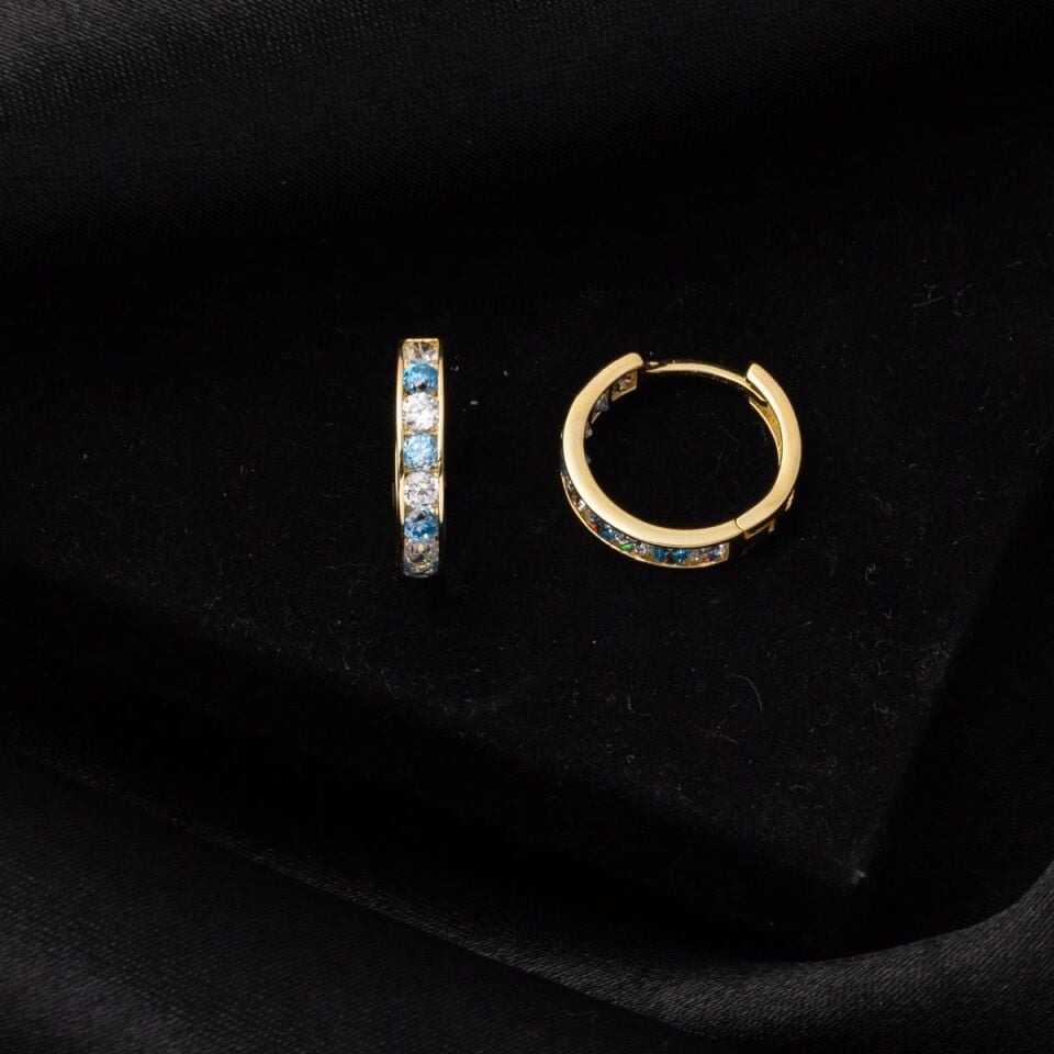 Mavi Taşlı 14 Ayar Altın Halka Küpe