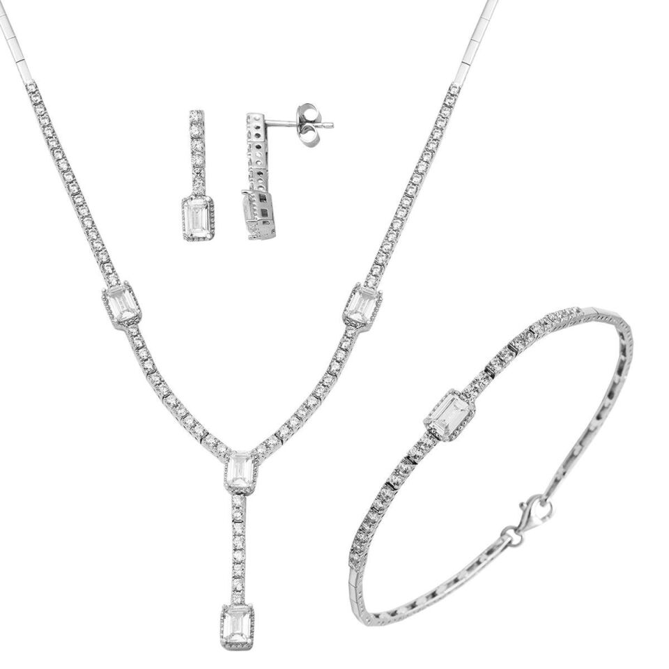 Baget Taşlı Suyolu Beyaz Altın Set