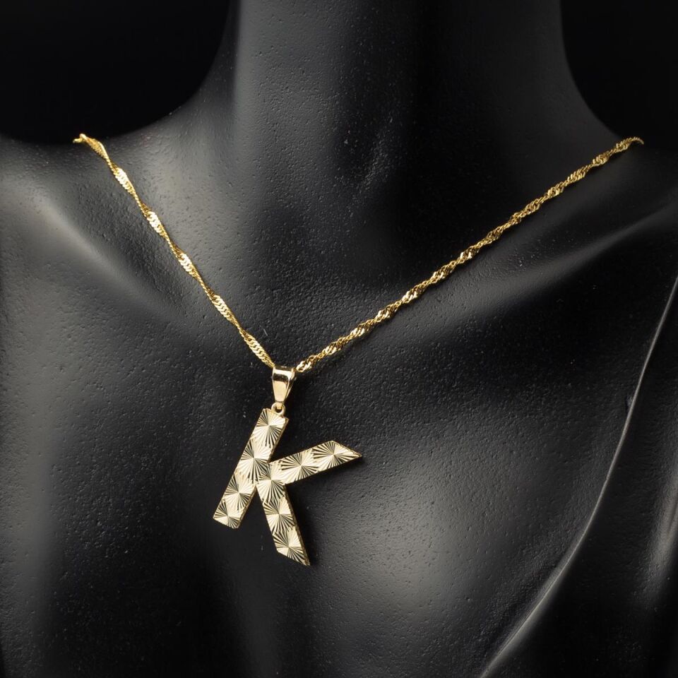 K Harfi 3 Boyutlu Altın Kolye Ucu