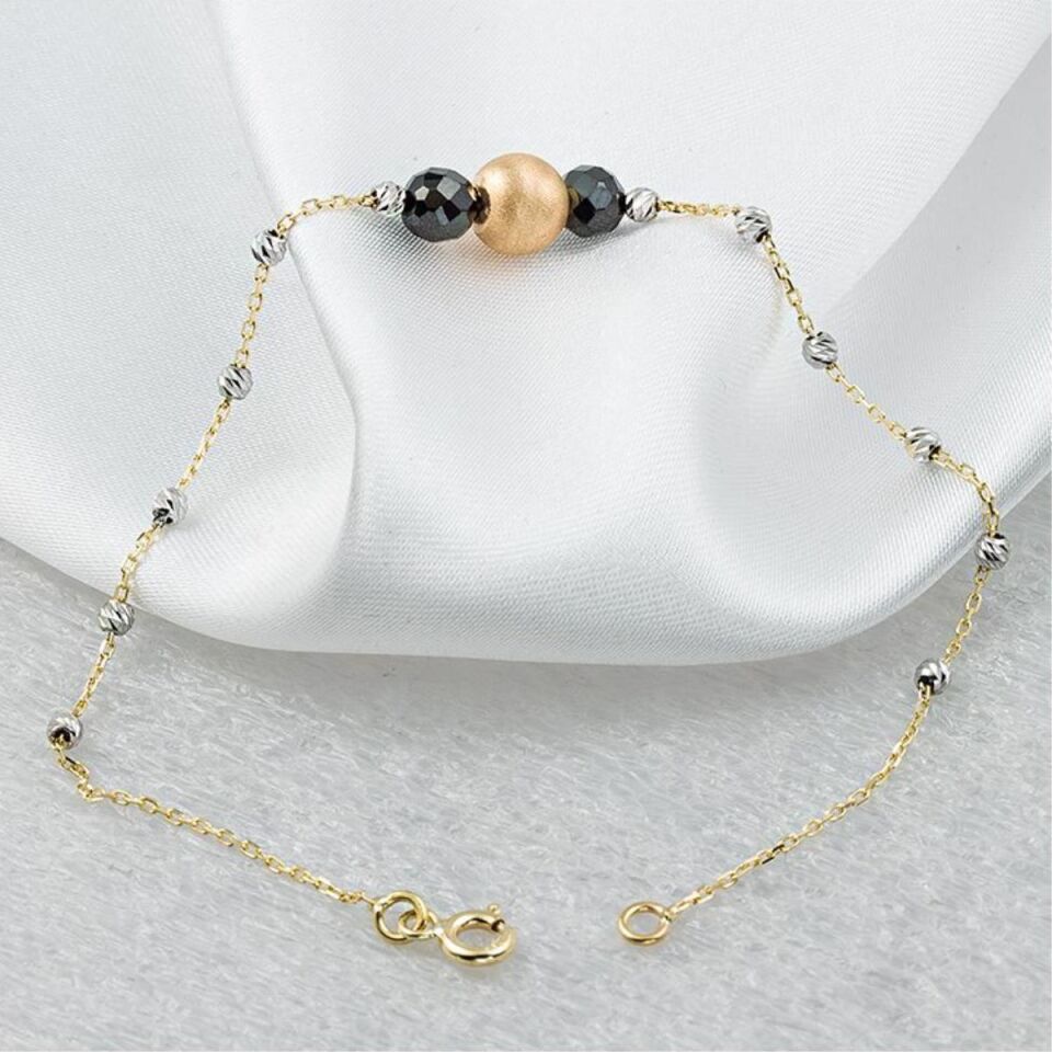 Siyah Taşlı Toplu 14 Ayar Altın Bileklik