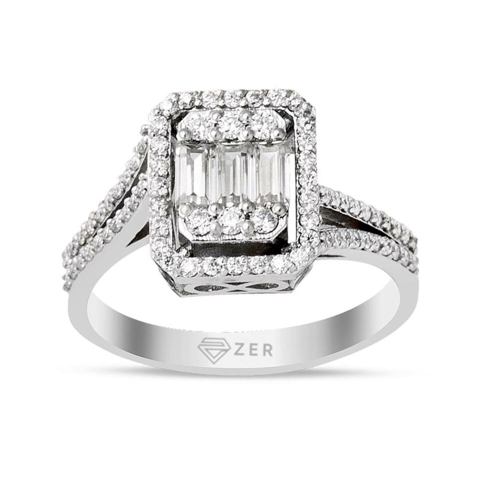 0,70 ct. Moissanite Baget Taşlı Altın Yüzük