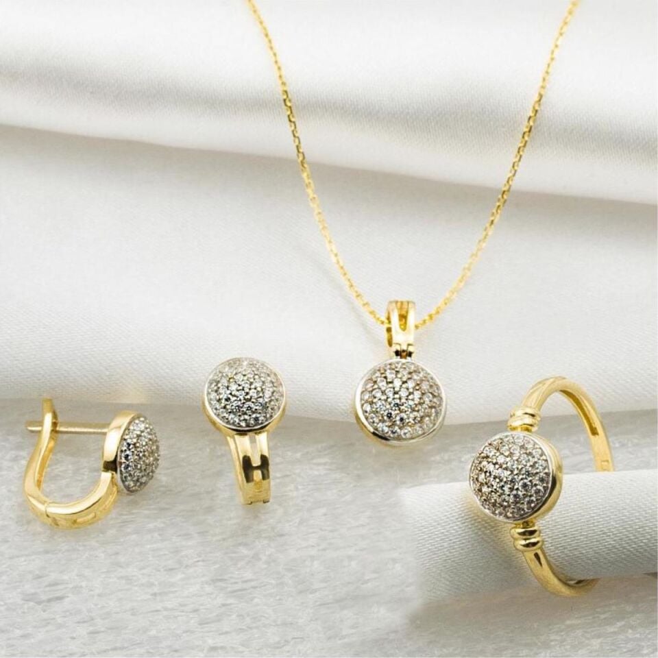 Taşlı Topaz 14 Ayar Altın Zincirli Set