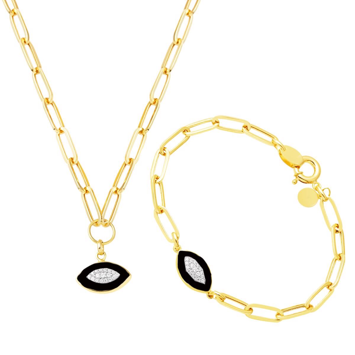 Siyah Gözlü Kolye Bileklikli Altın Set