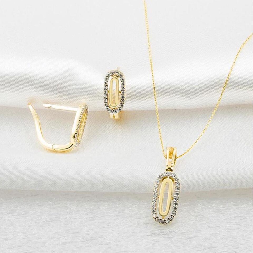 14 Ayar Altın Taşlı Kolye Küpe Seti