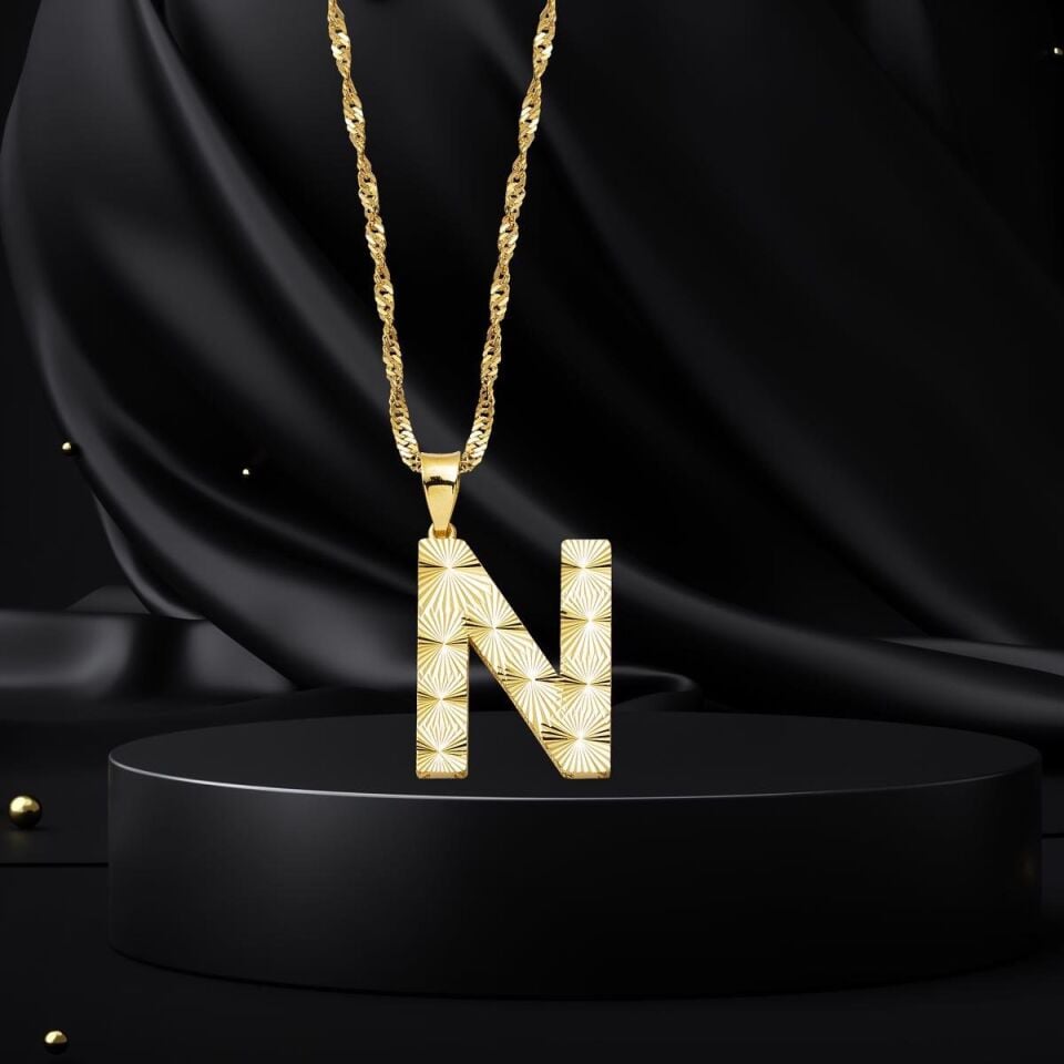 N Harfi 3 Boyutlu Altın Kolye