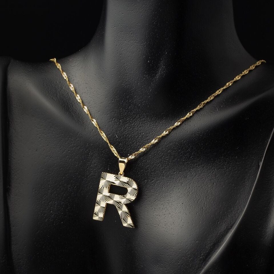 R Harfi 3 Boyutlu Altın Kolye