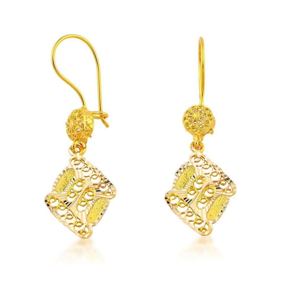 Telkari Motifli 14 Ayar Altın Sarkaç Küpe