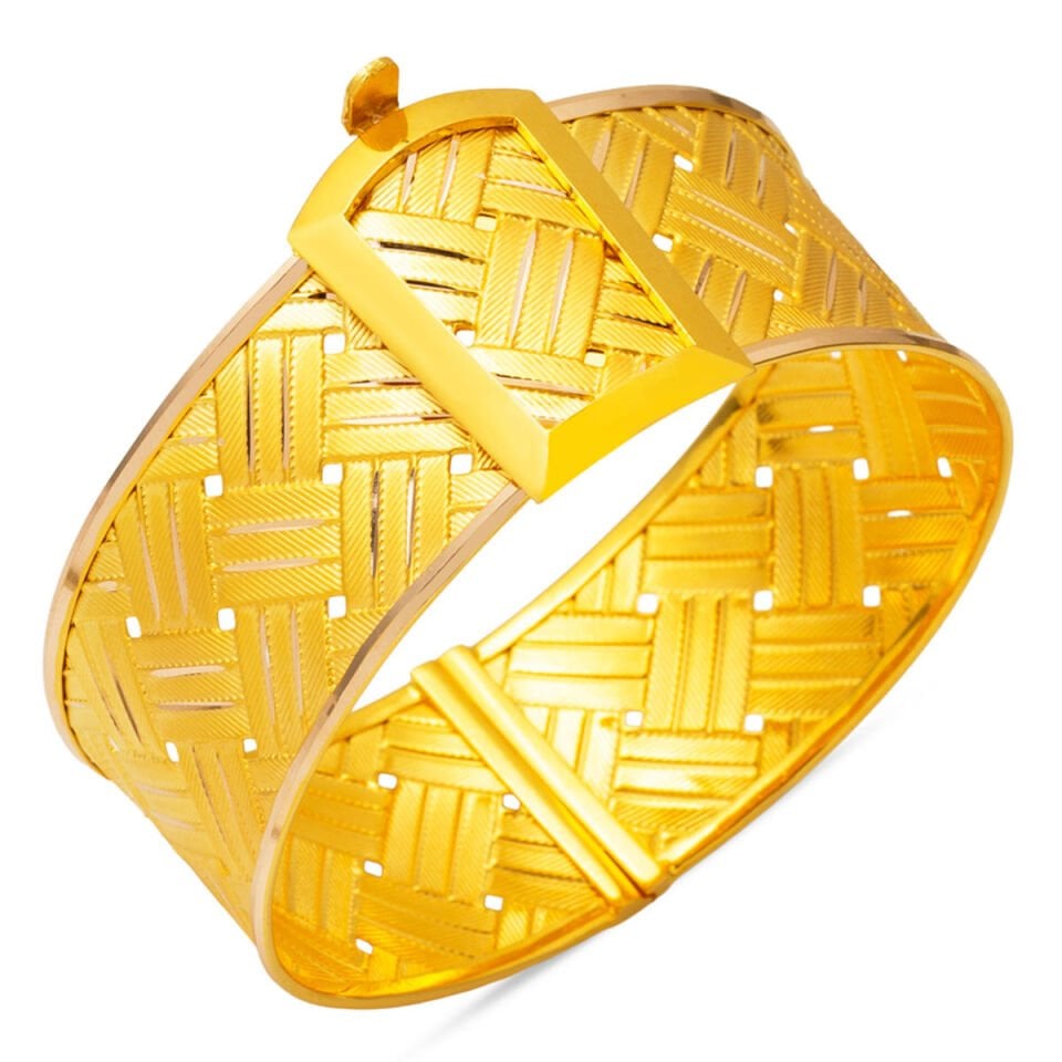 Hasır Örgülü 14 Ayar Altın Kelepçe Bilezik