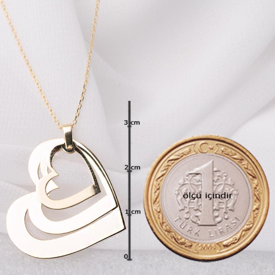 İç İçe Üçlü Kalp Figürlü Altın Kolye