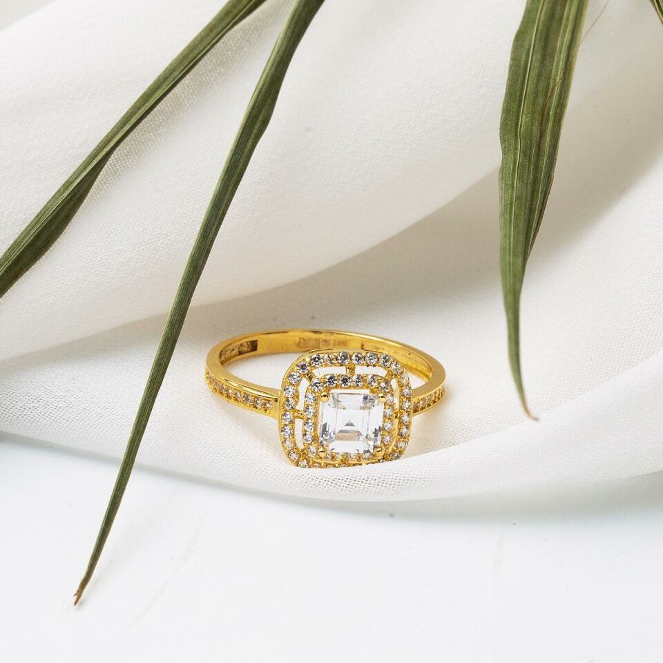 Kare Baget Taşlı 14 Ayar Altın Yüzük