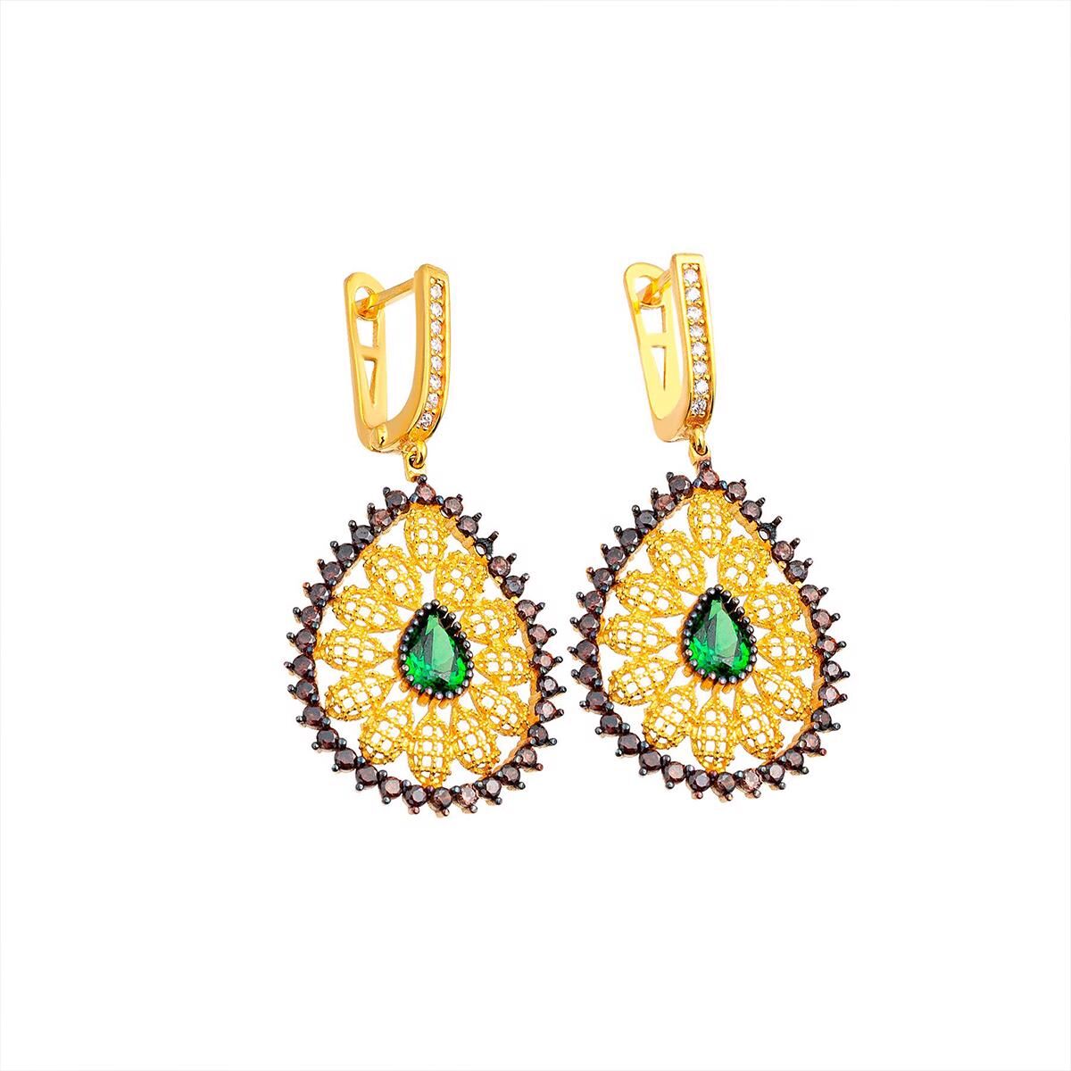 Yeşil Damla Taşlı Otantik Altın Küpe