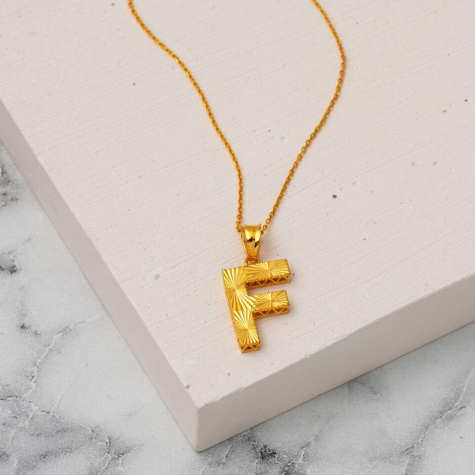 F Harf 22 Ayar Üç Boyutlu Altın Kolye