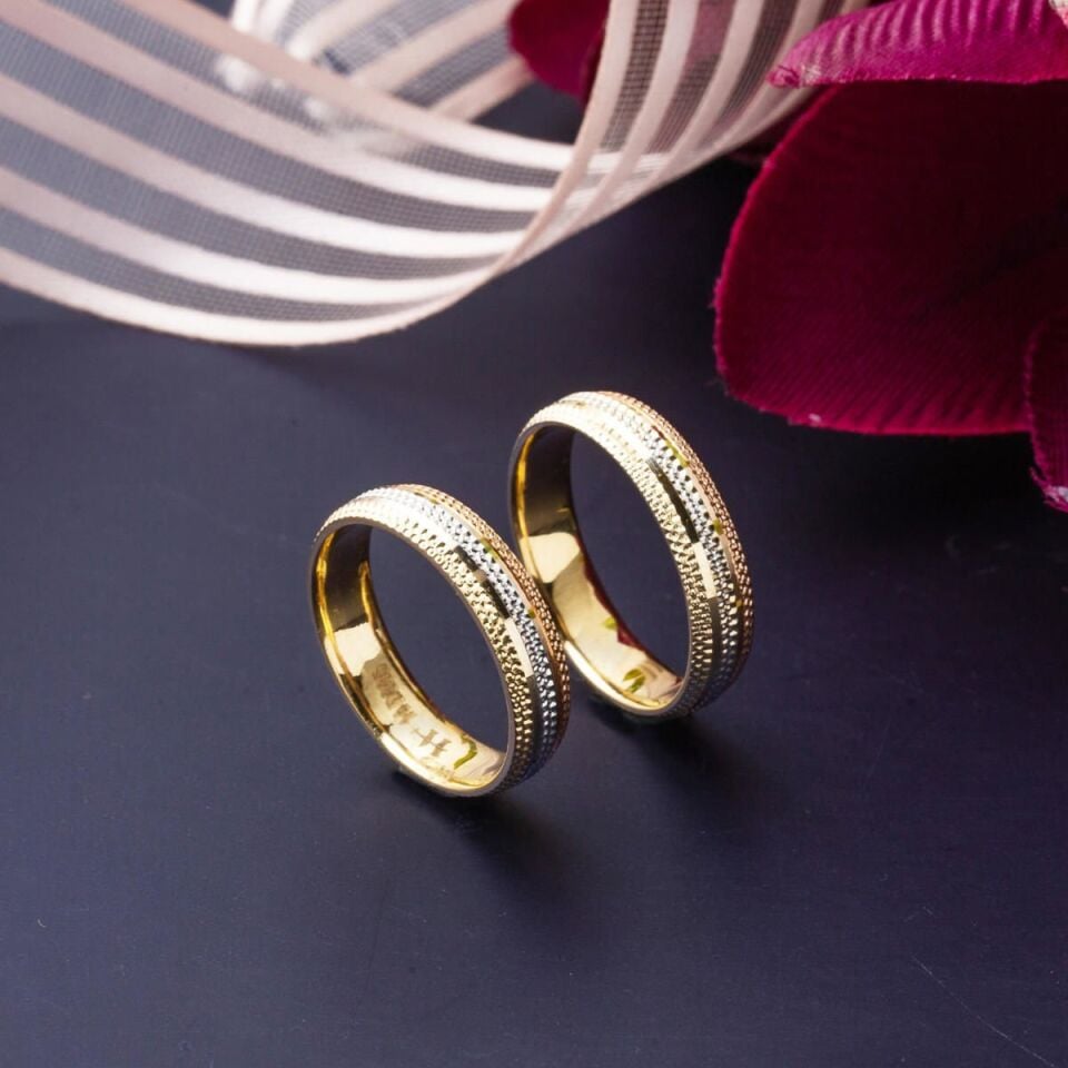 Üç Renkli 14 Ayar Altın Modern Erkek Alyans