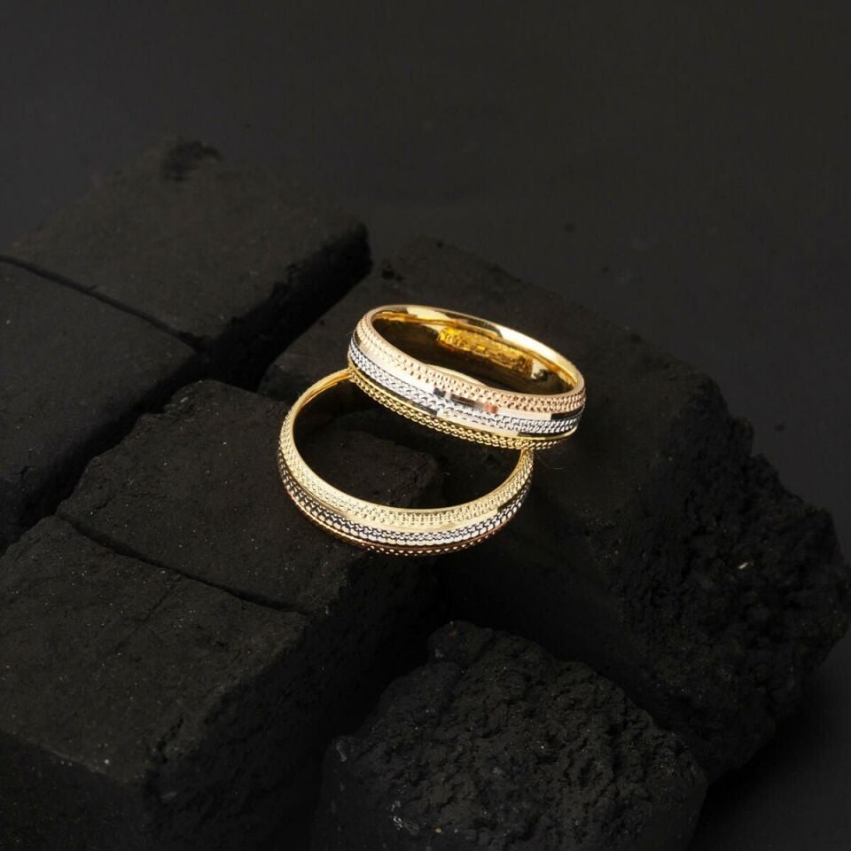 Üç Renkli 14 Ayar Altın Modern Erkek Alyans