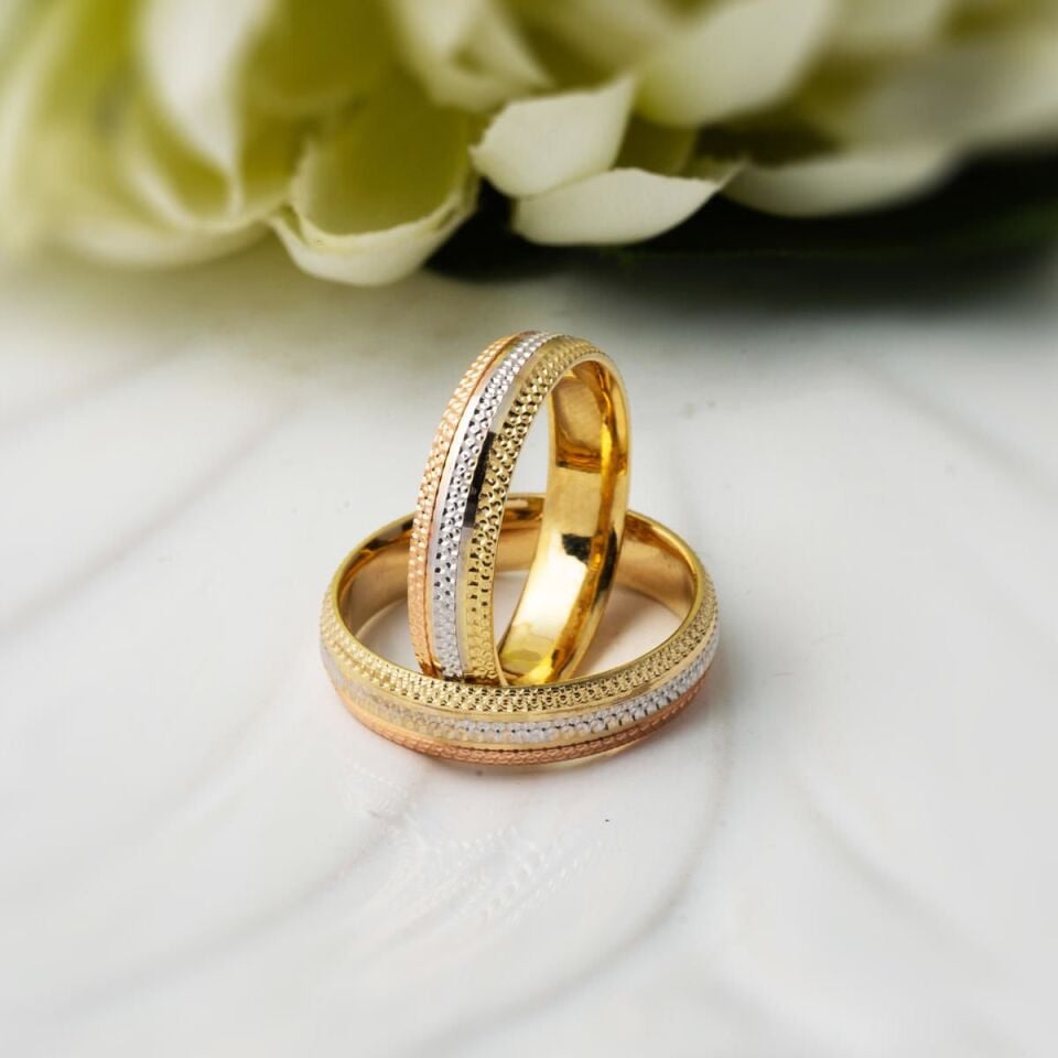 Üç Renkli 14 Ayar Altın Modern Erkek Alyans