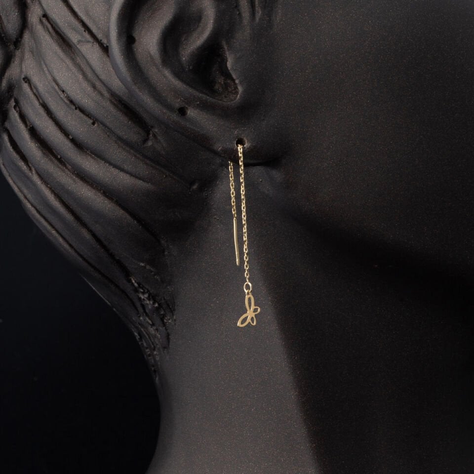 Zincirli Kelebek Küpe 14 Ayar Altın