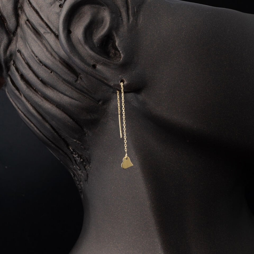 Kalp Altın Zincirli Küpe 14 Ayar