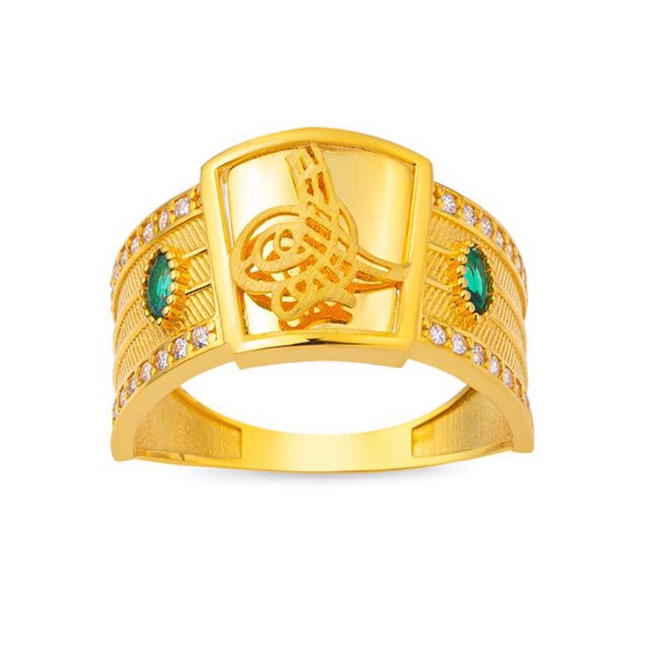 Yeşil Taşlı Tuğralı Altın Yüzük