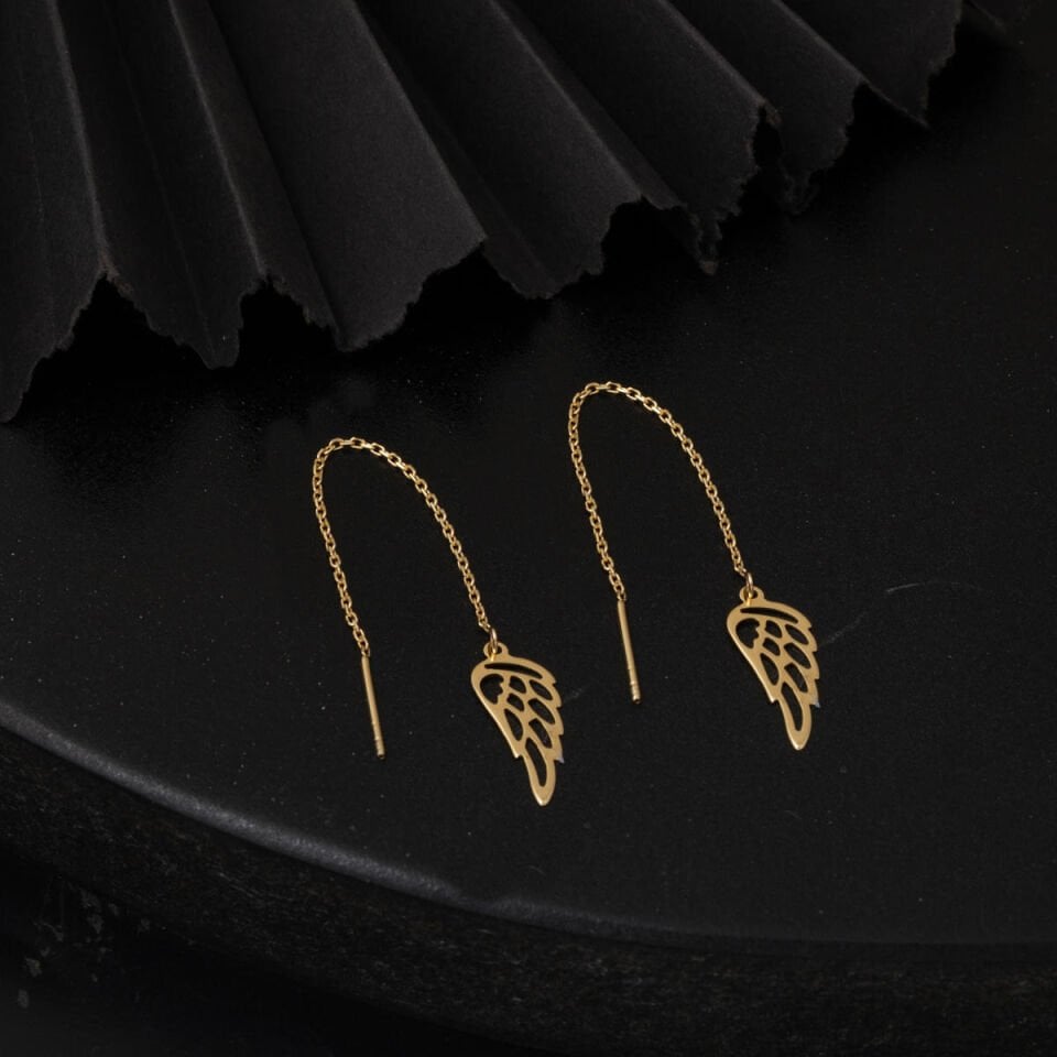 Zincirli Kanat Altın Küpe 14 Ayar