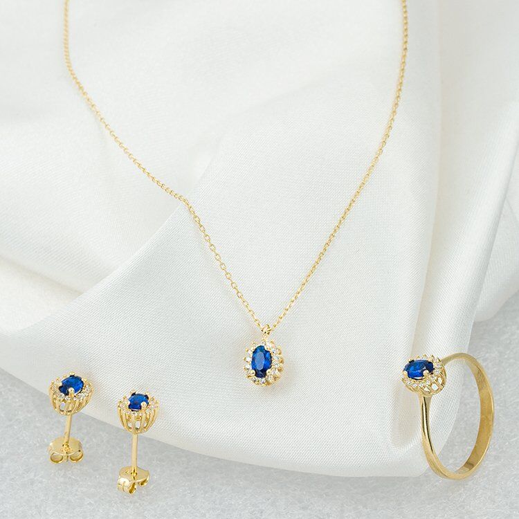 Safir Taşlı 14 Ayar Altın 3'lü Set