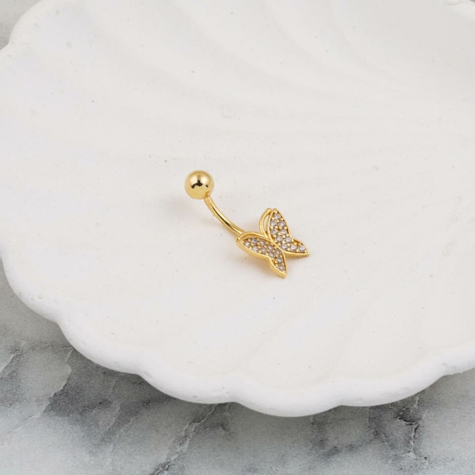 14 Ayar Taşlı Kelebek Altın Göbek Piercing