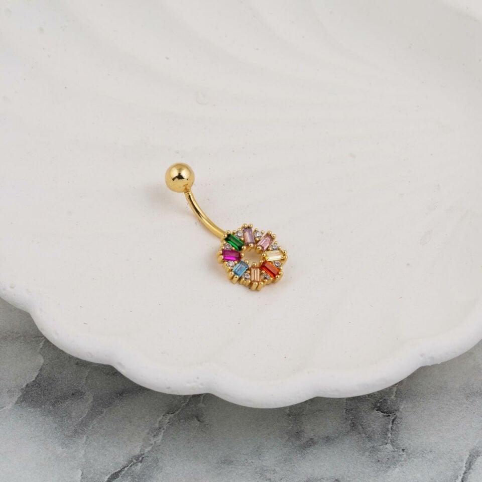 14 Ayar Renkli Taşlı Altın Göbek Piercing