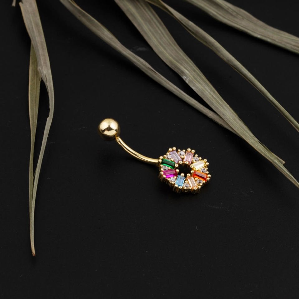 14 Ayar Renkli Taşlı Altın Göbek Piercing