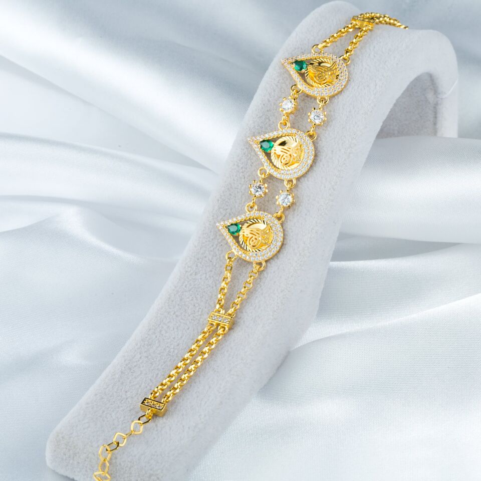 Tuğralı 14 Ayar Yeşil Taşlı Altın Bileklik