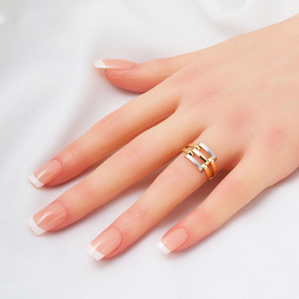 Üç Renkli Kaburga Altın Yüzük 14 Ayar