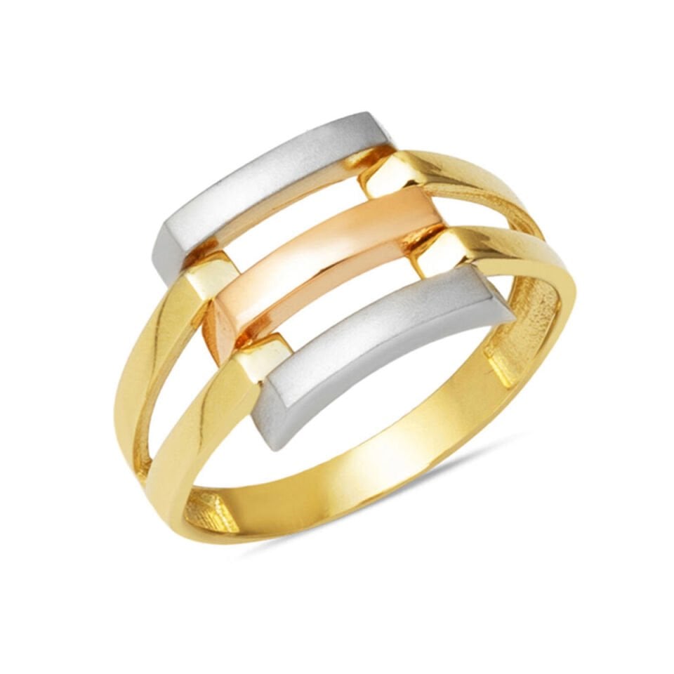 Üç Renkli Kaburga Altın Yüzük 14 Ayar