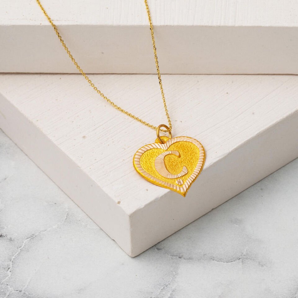 14 Ayar Ç Harfi Kalpli Altın Kolye