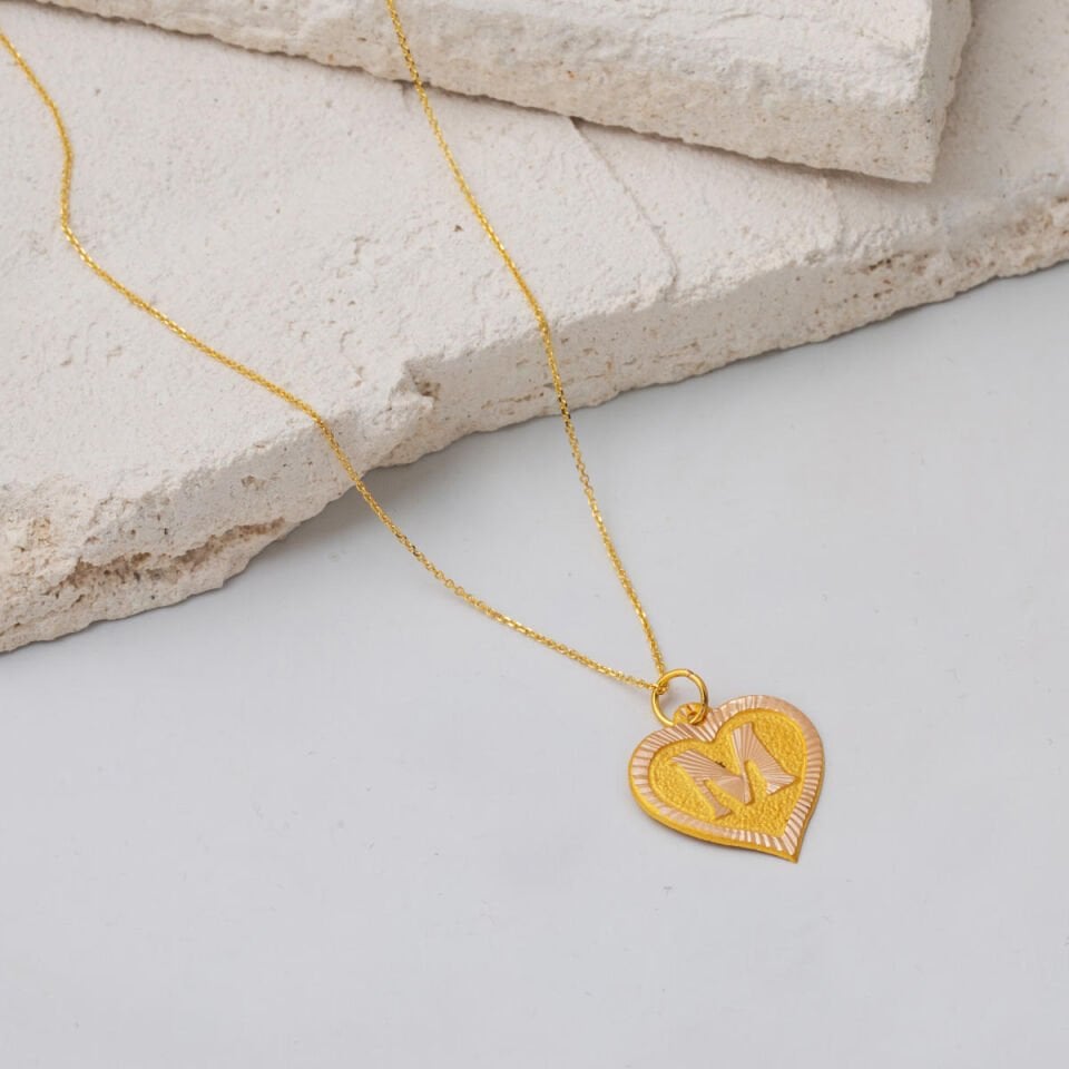 M Harfi Kalpli 14 Ayar Altın Kolye