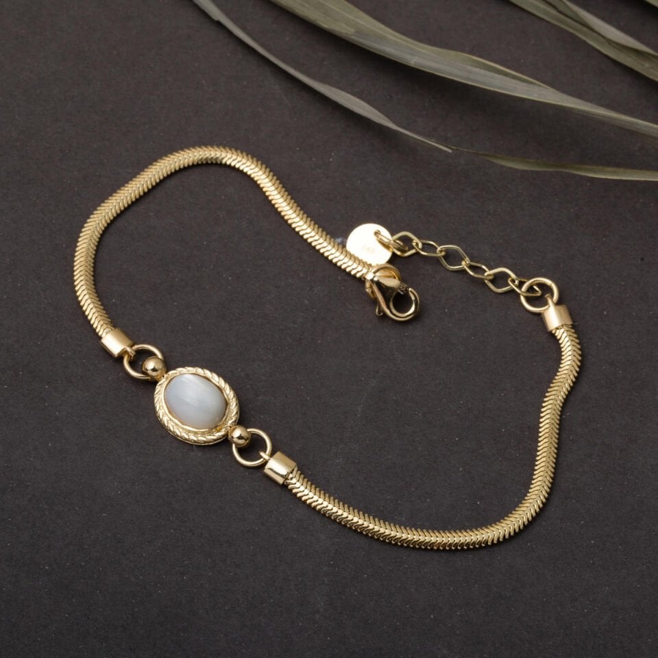 Beyaz Opal Taşlı 14 Ayar Balıksırtı Bileklik