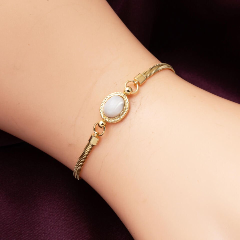 Beyaz Opal Taşlı 14 Ayar Balıksırtı Bileklik